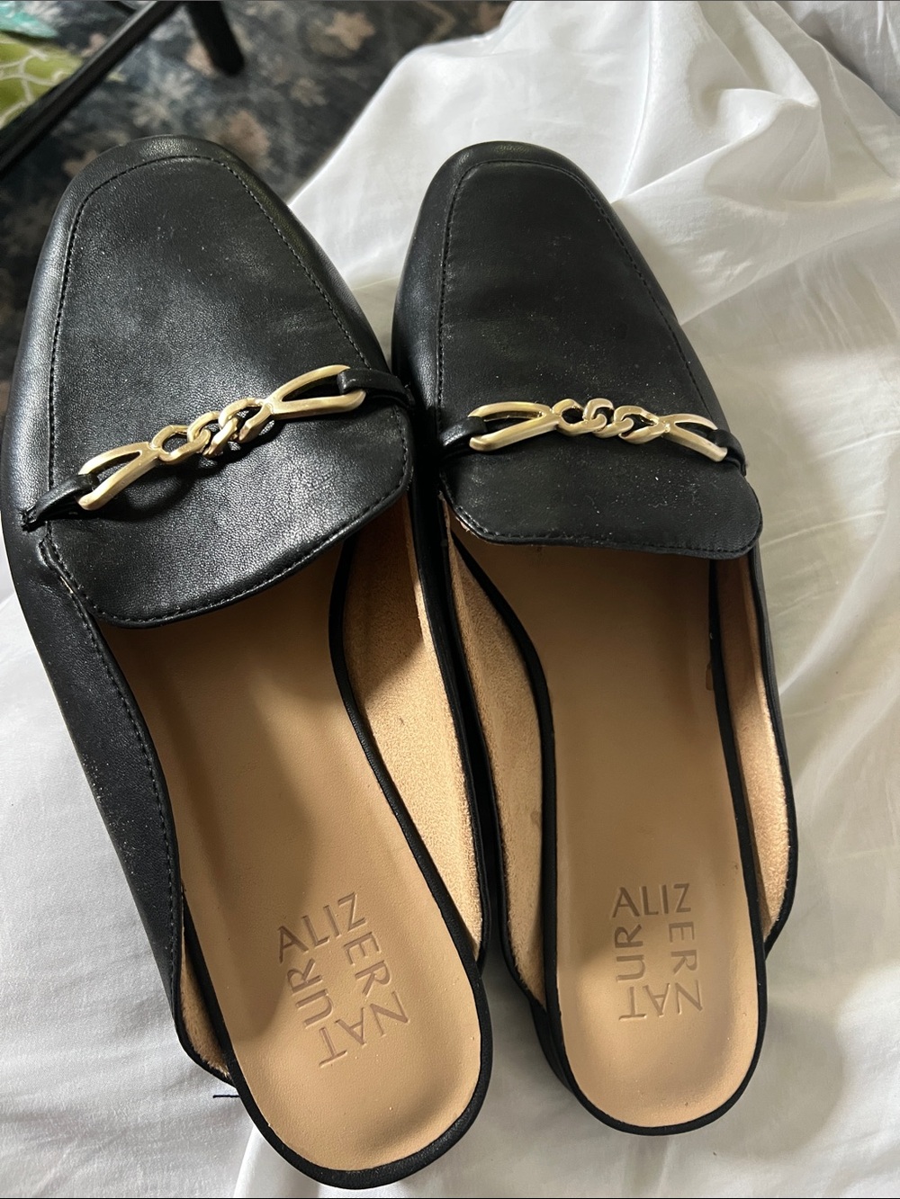 Naturalizer Black Slip-On Mules with Gold Chain Accent